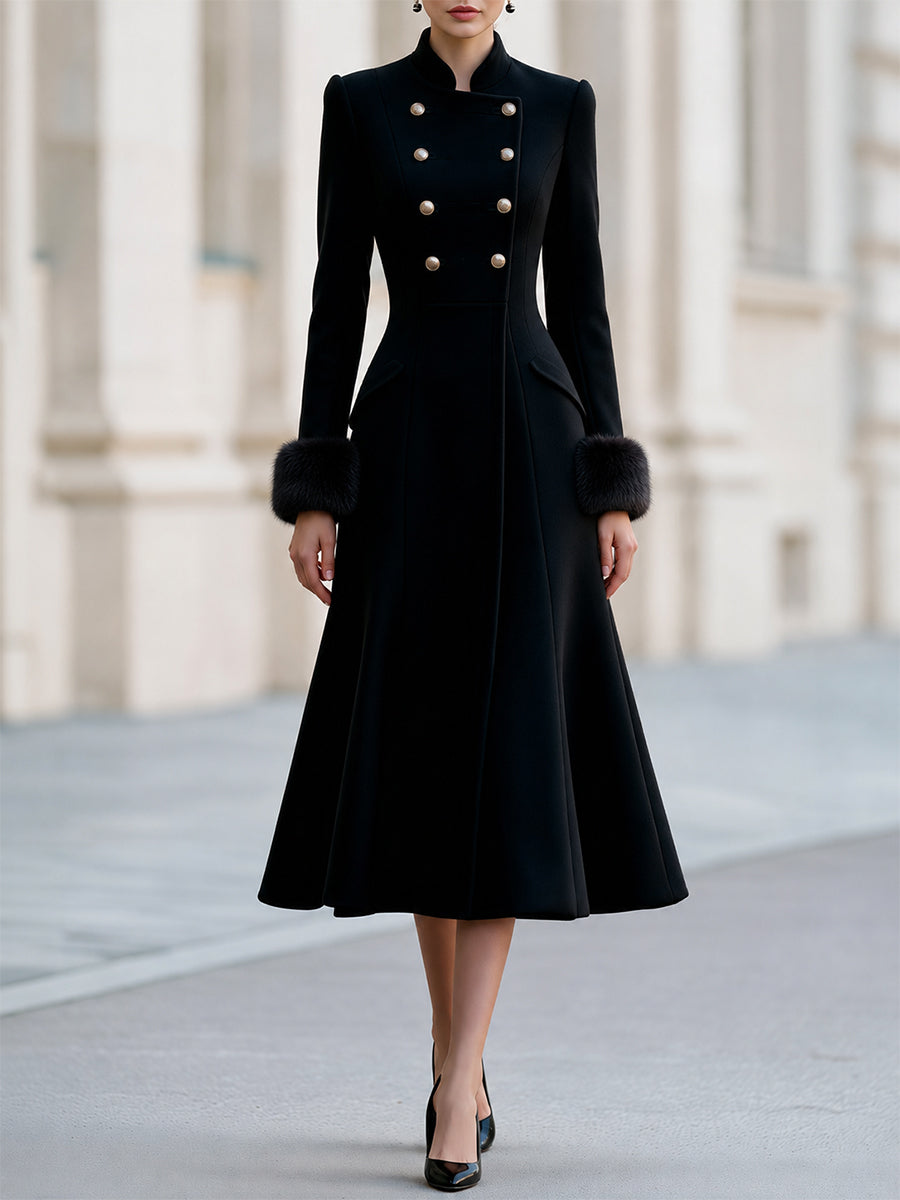 Stand‑Collared Double‑Breasted Midi Wool Coat  Dress With Faux‑Fur Cuffs