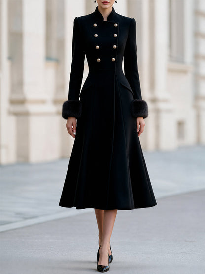 Stand‑Collared Double‑Breasted Midi Wool Coat  Dress With Faux‑Fur Cuffs