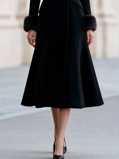 Stand‑Collared Double‑Breasted Midi Wool Coat  Dress With Faux‑Fur Cuffs