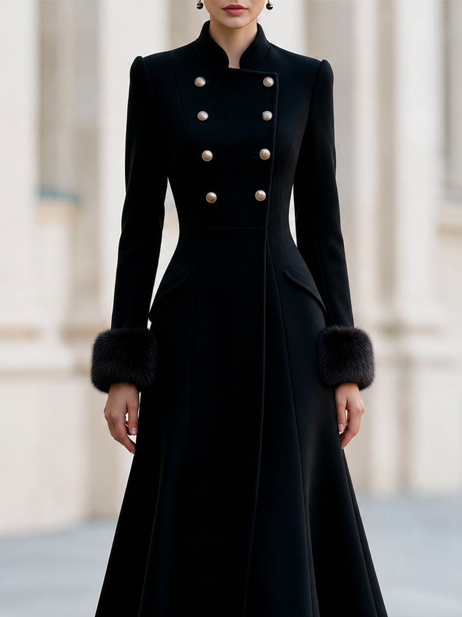 Stand‑Collared Double‑Breasted Midi Wool Coat  Dress With Faux‑Fur Cuffs