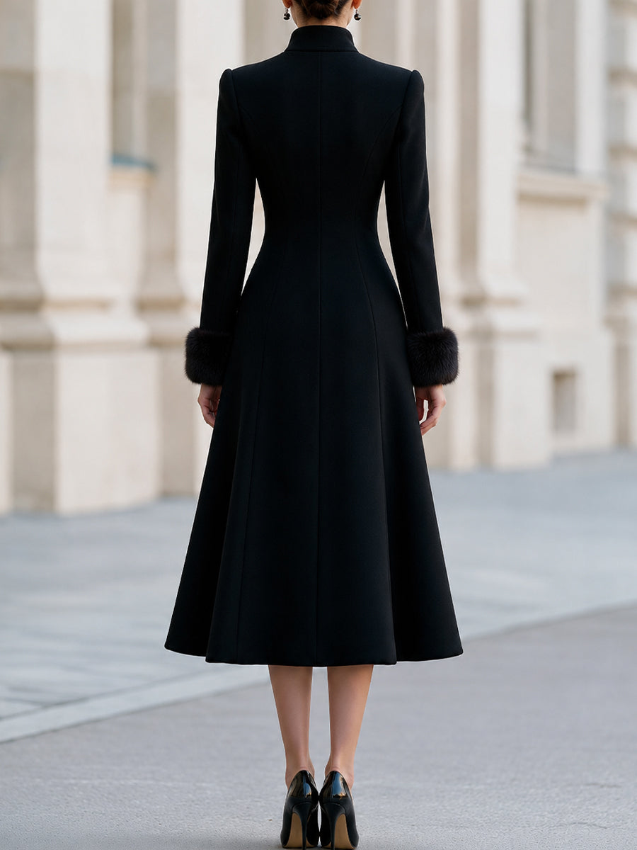 Stand‑Collared Double‑Breasted Midi Wool Coat  Dress With Faux‑Fur Cuffs