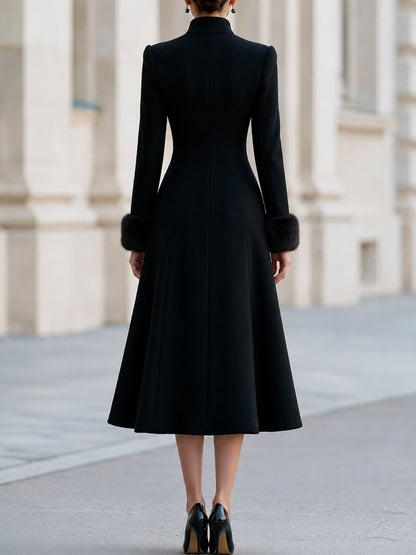 Stand‑Collared Double‑Breasted Midi Wool Coat  Dress With Faux‑Fur Cuffs