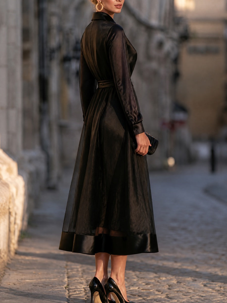 Sheer Organza Collared Belted A-Line Midi Dress
