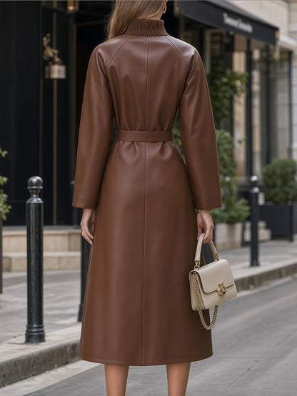 Mock-Neck Belted Faux Leather Trench Midi Dress