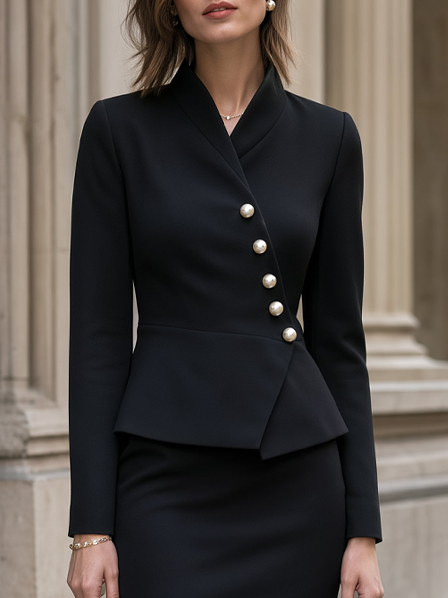 Asymmetric Pearl-Button Peplum Jacket & Pencil Skirt Set