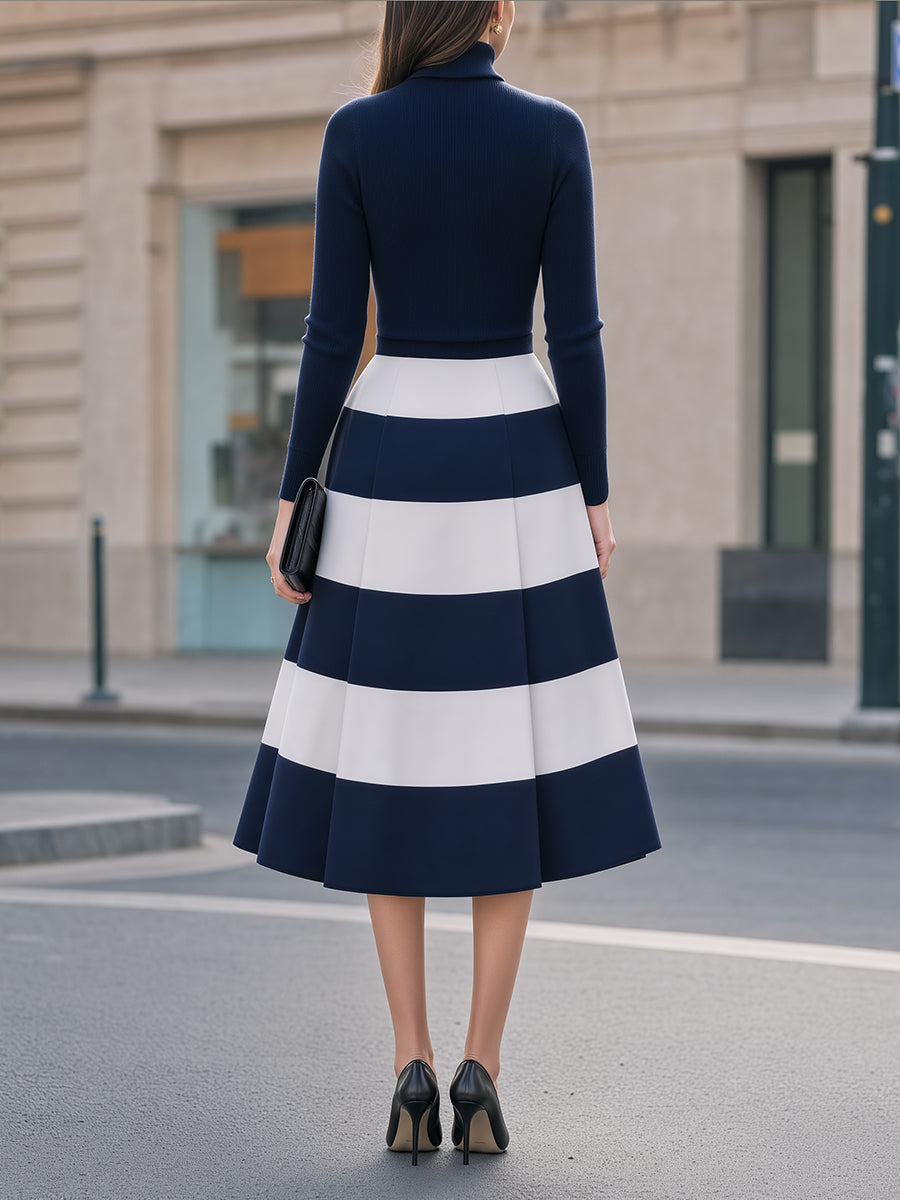 Turtleneck Striped Flared Midi Dress