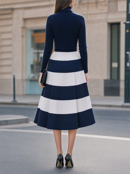 Turtleneck Striped Flared Midi Dress