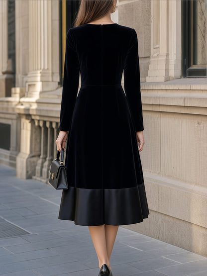 Velvet Contrast Hem Long-Sleeve Midi Dress