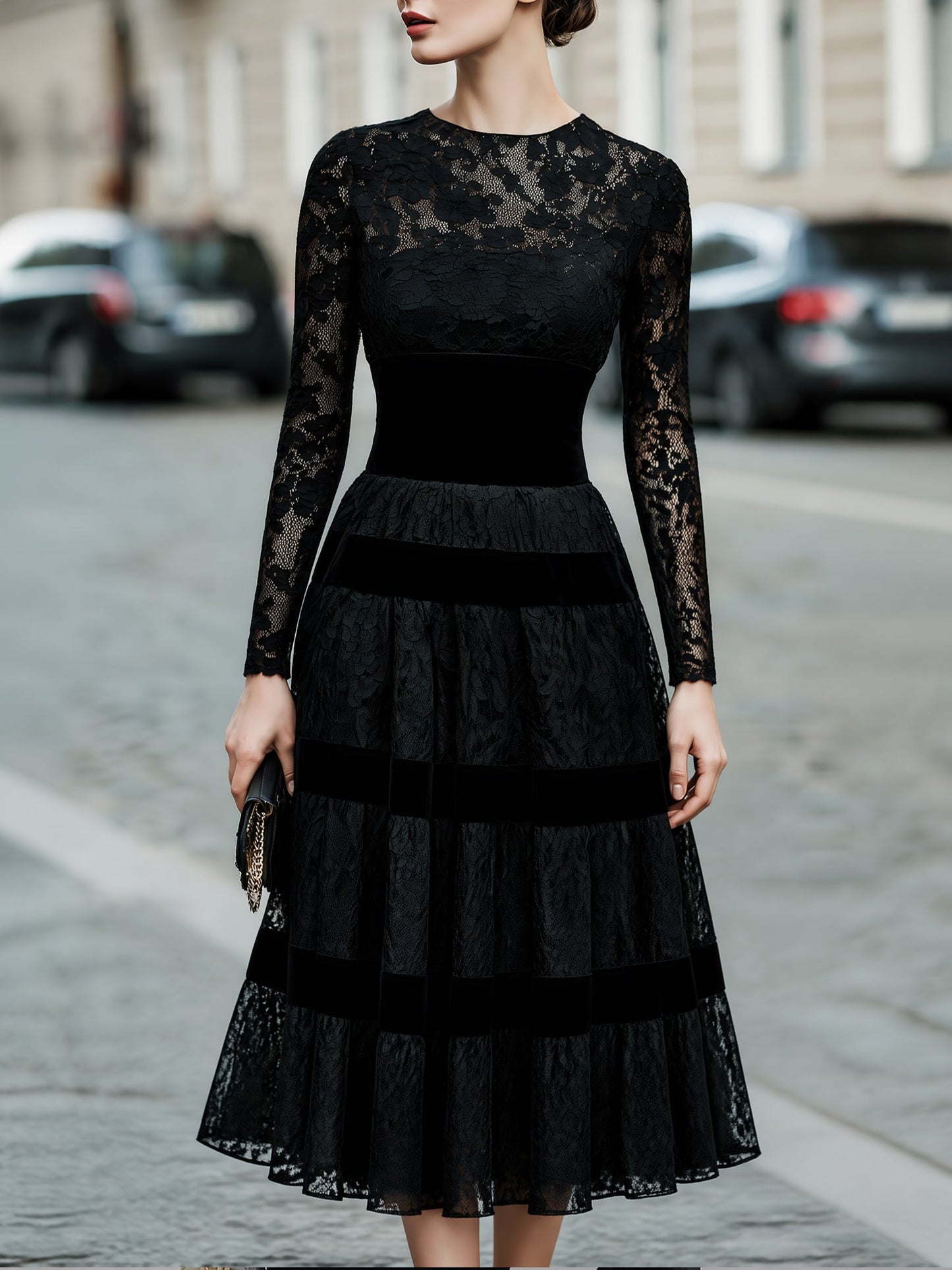 Lace Velvet-Trim Tiered Midi Dress
