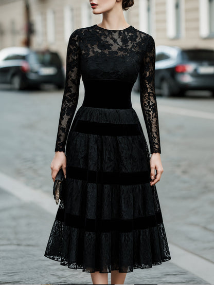 Lace Velvet-Trim Tiered Midi Dress