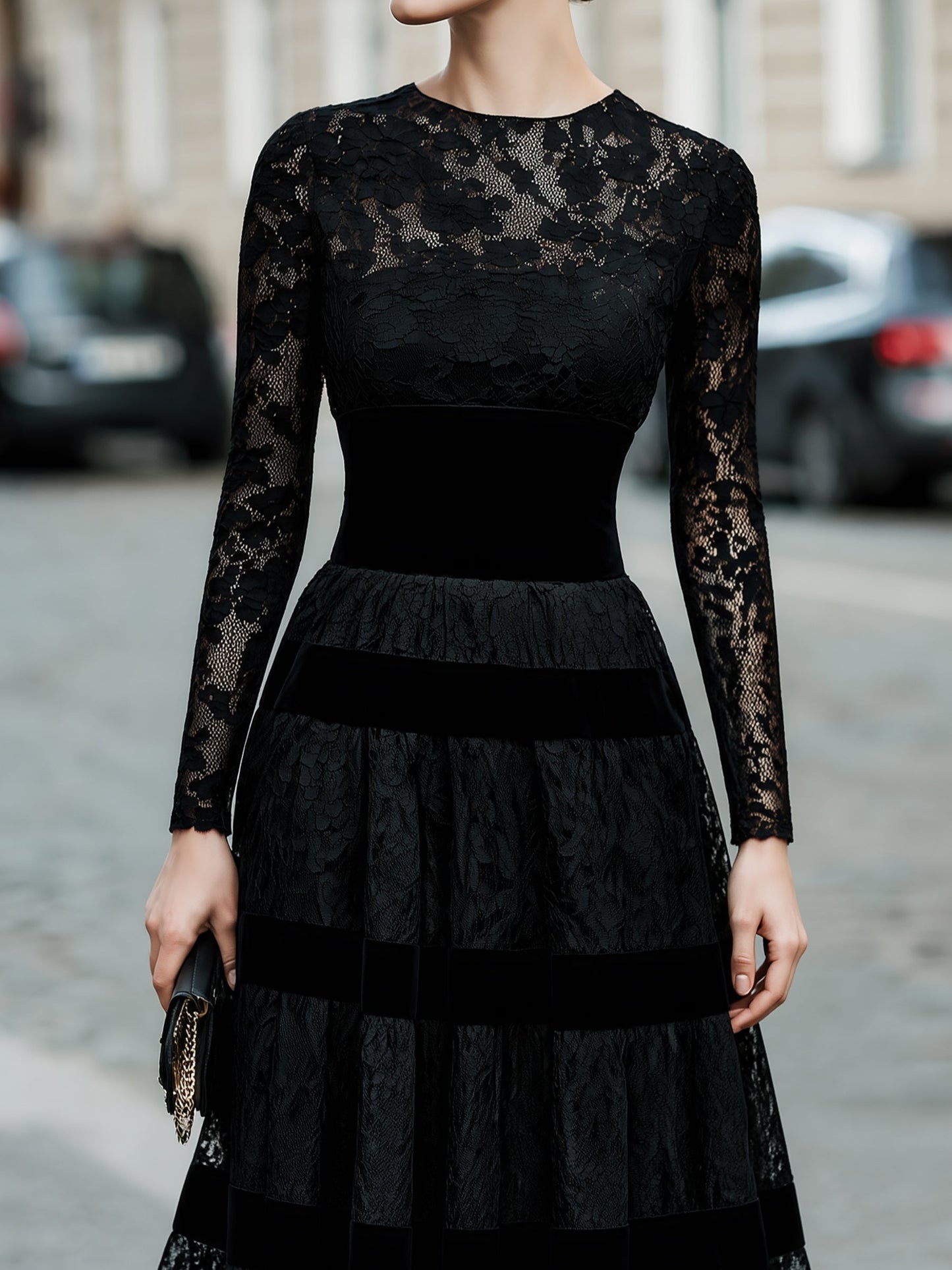 Lace Velvet-Trim Tiered Midi Dress