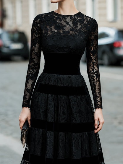 Lace Velvet-Trim Tiered Midi Dress