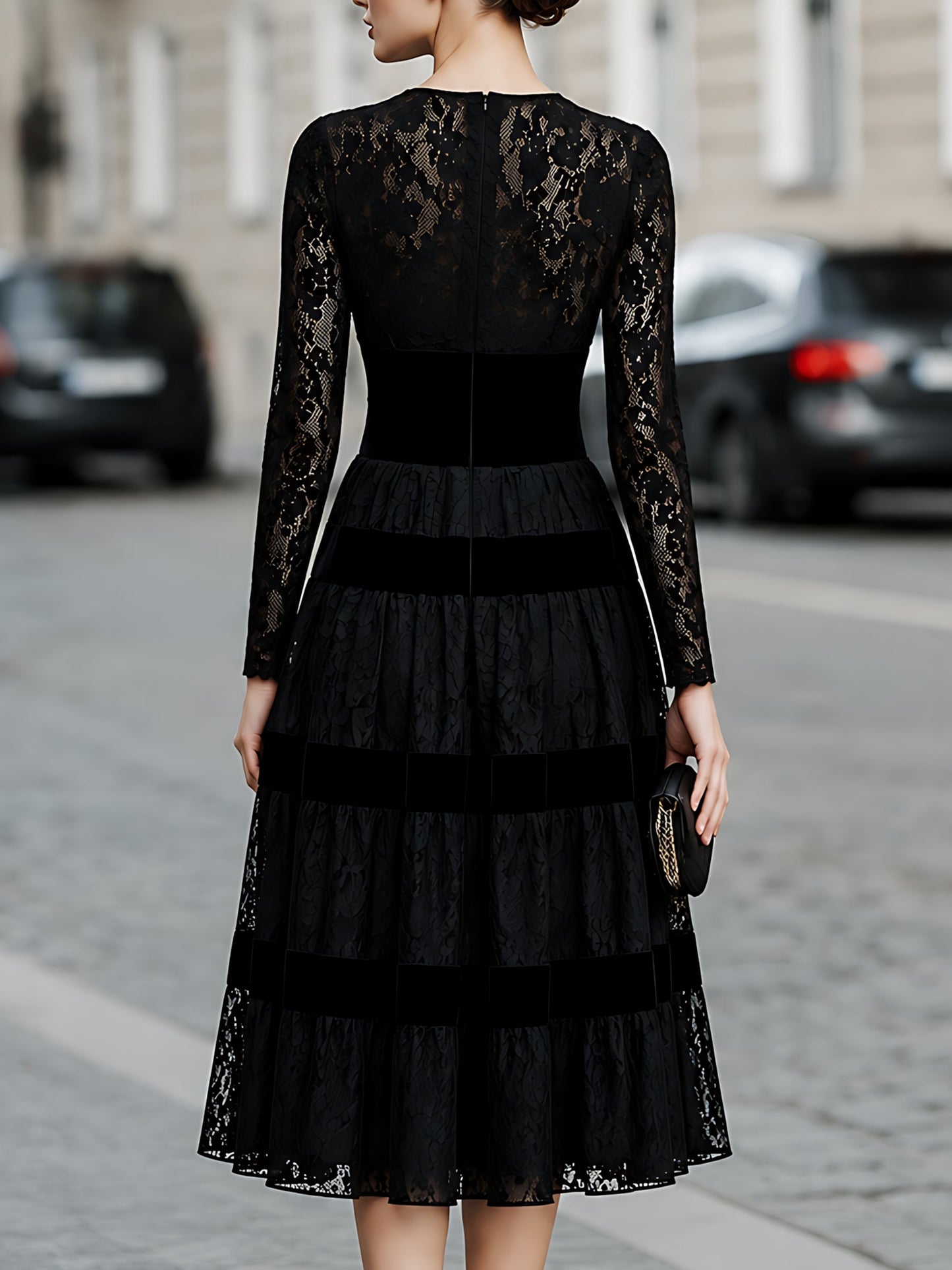 Lace Velvet-Trim Tiered Midi Dress