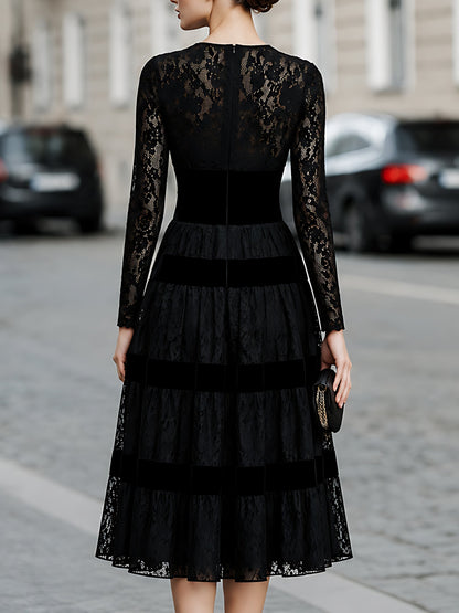 Lace Velvet-Trim Tiered Midi Dress