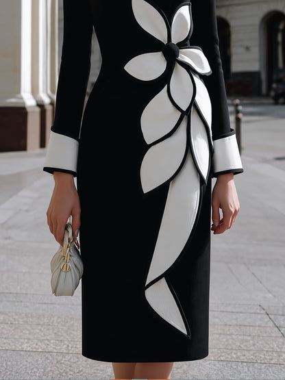 Floral Appliqué Pencil Midi Dress