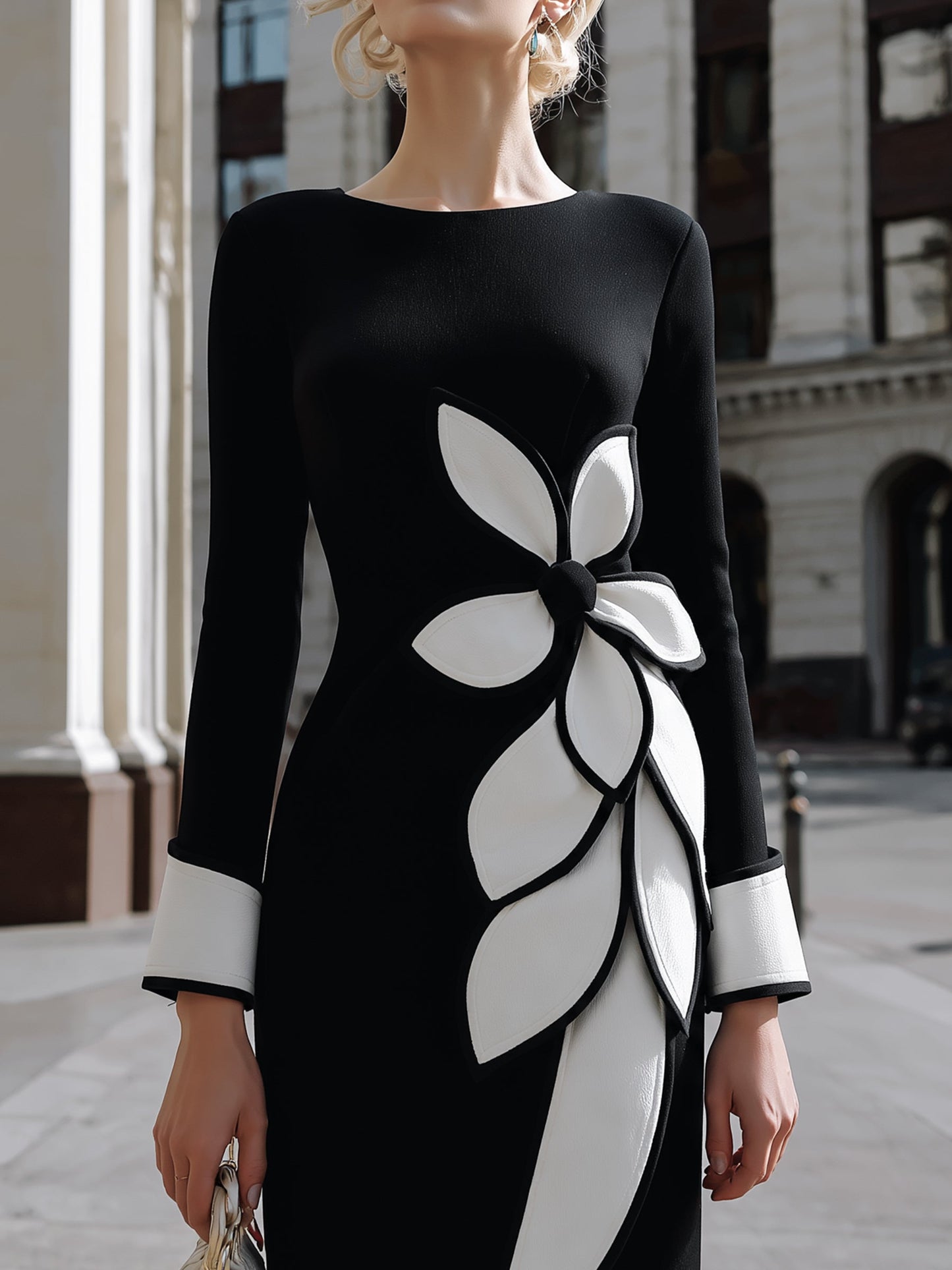 Floral Appliqué Pencil Midi Dress