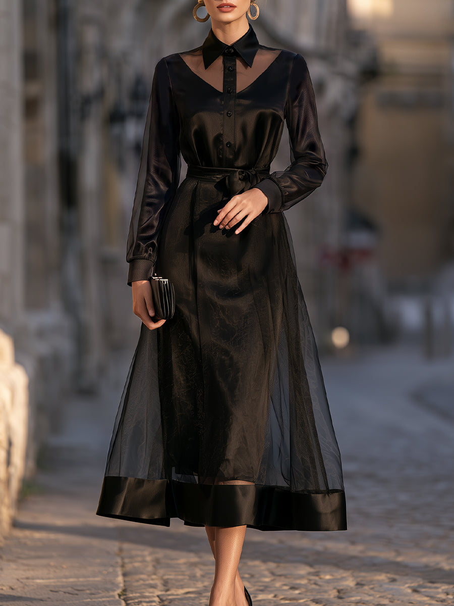 Sheer Organza Collared Belted A-Line Midi Dress