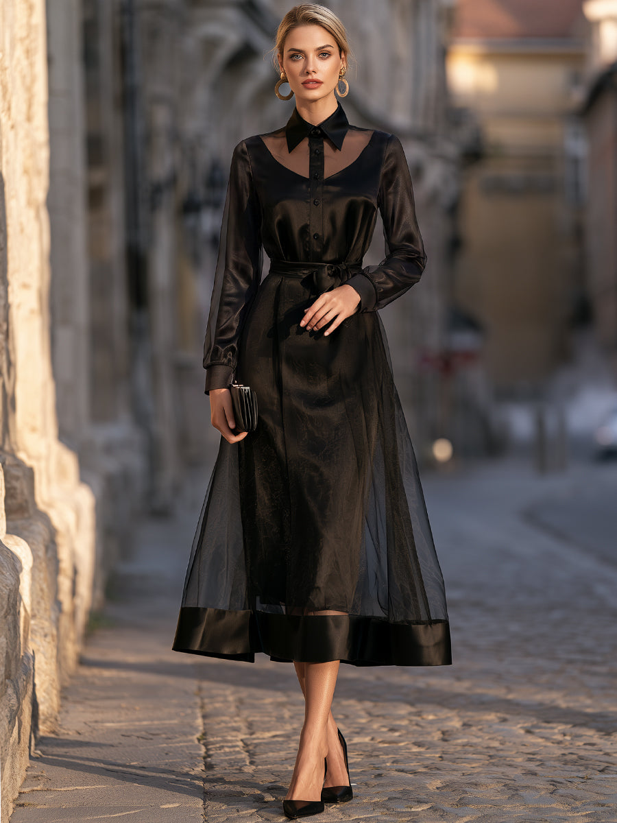 Sheer Organza Collared Belted A-Line Midi Dress