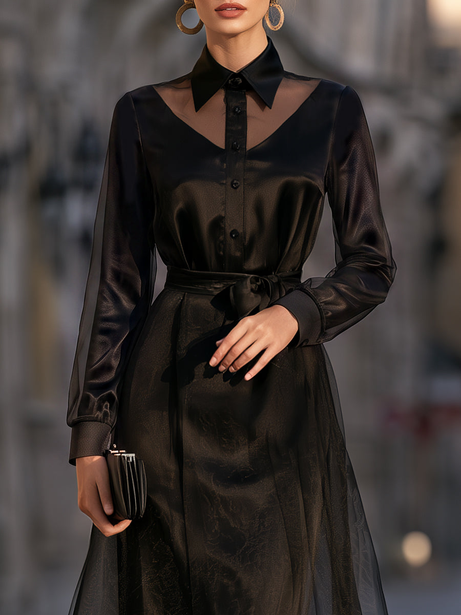 Sheer Organza Collared Belted A-Line Midi Dress