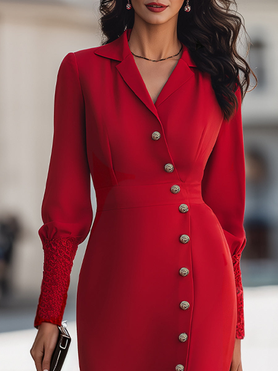 Notch-Lapel Button-Front Lace Cuffs Midi Dress