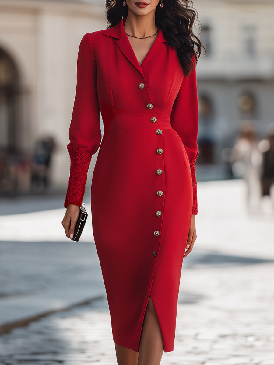 Notch-Lapel Button-Front Lace Cuffs Midi Dress