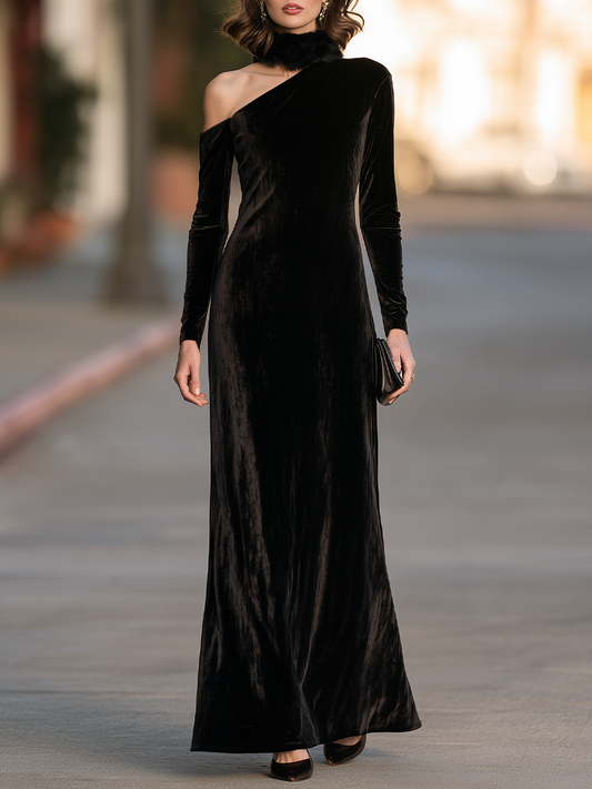 Asymmetric One-Shoulder Velvet Maxi Dress