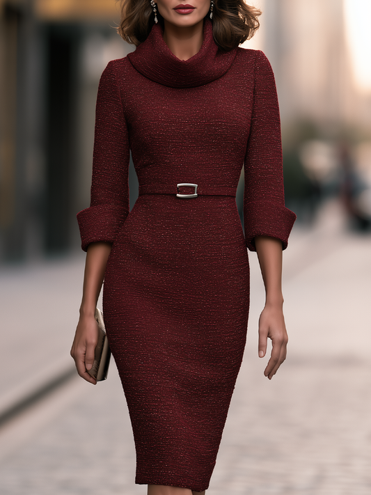 Draped Cowl-Neck Belted Sheath Midi Dress