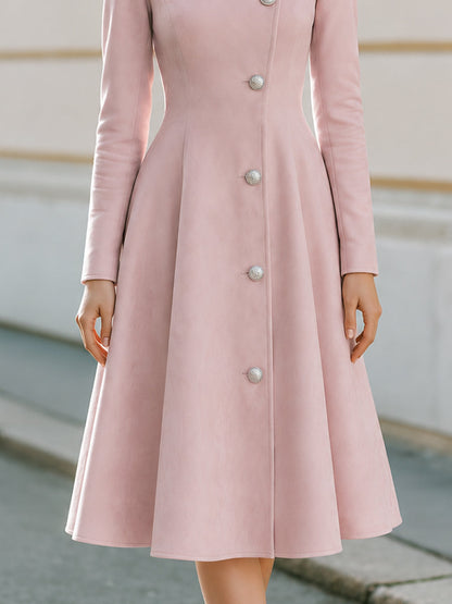 Asymmetric Stand‑Collar Flared Midi Coat‑Dress