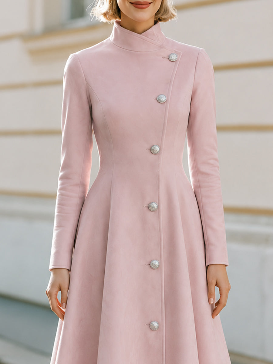 Asymmetric Stand‑Collar Flared Midi Coat‑Dress
