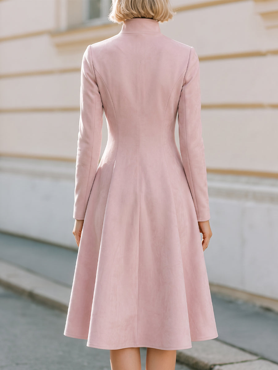 Asymmetric Stand‑Collar Flared Midi Coat‑Dress