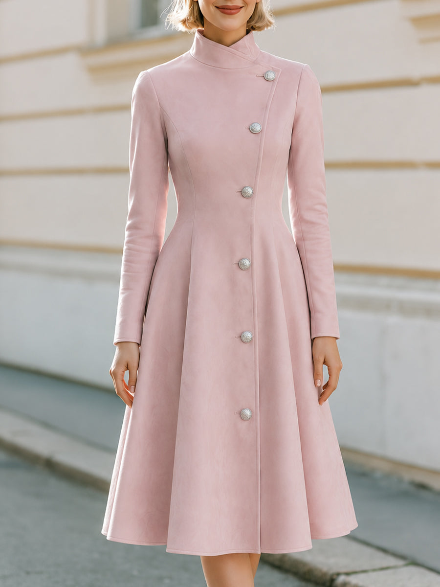 Asymmetric Stand‑Collar Flared Midi Coat‑Dress