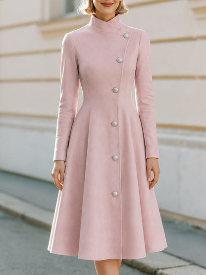 Asymmetric Stand‑Collar Flared Midi Coat‑Dress