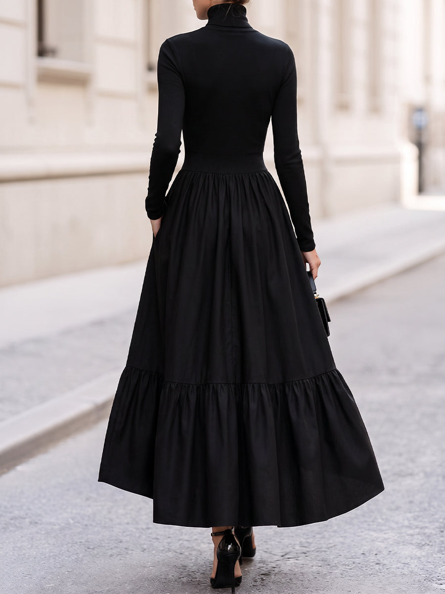 Turtleneck Long‑Sleeve High‑Low Tiered Maxi Dress With Side Pockets