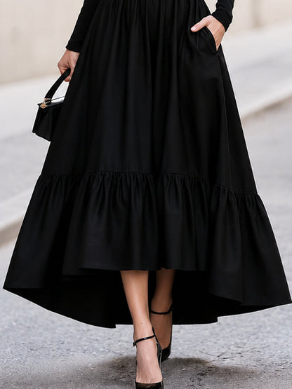 Turtleneck Long‑Sleeve High‑Low Tiered Maxi Dress With Side Pockets