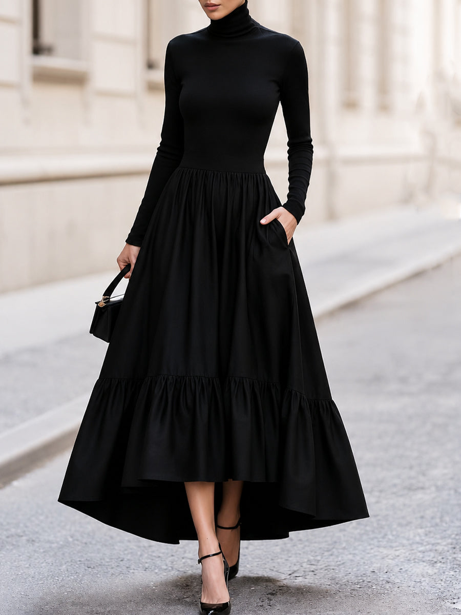 Turtleneck Long‑Sleeve High‑Low Tiered Maxi Dress With Side Pockets