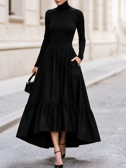 Turtleneck Long‑Sleeve High‑Low Tiered Maxi Dress With Side Pockets