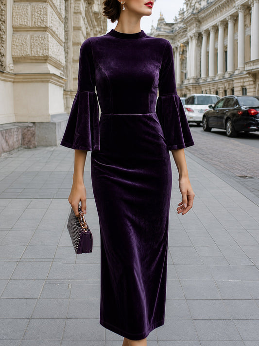 Velvet Bell-Sleeve Slim Midi Dress