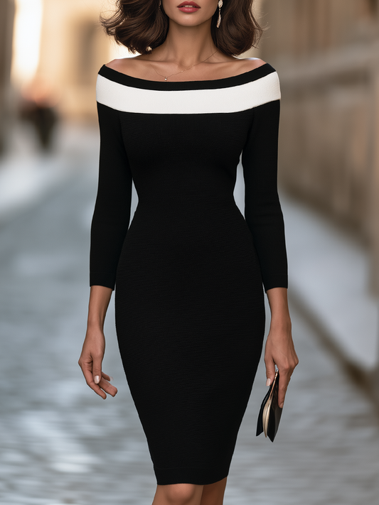 Off-Shoulder Contrast-Band Knit Bodycon Midi Dress