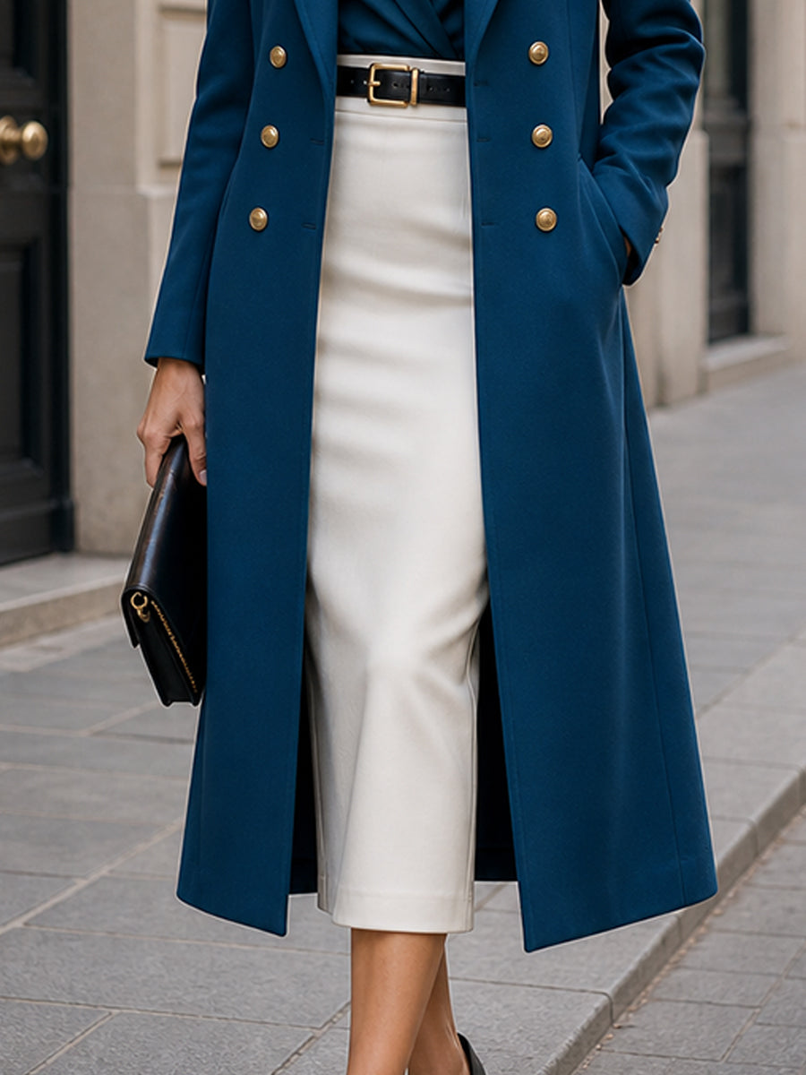Double-Breasted Long Coat, Wrap Top And Pencil Skirt Three-Piece Set