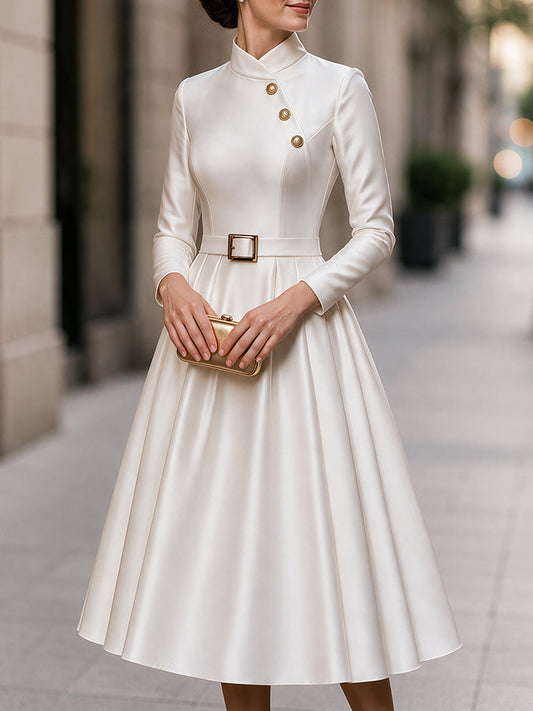 Elegant Stand Collar Long Sleeve Belted A-Line Midi Dress with Gold Buttons