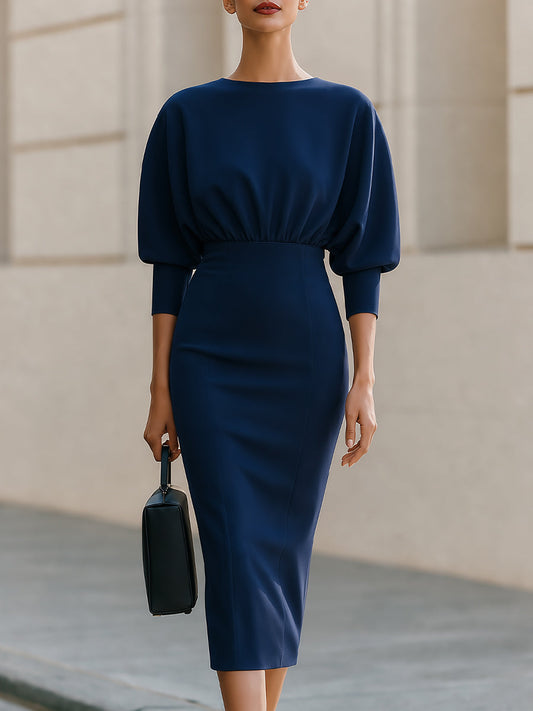 Batwing Sleeve Gathered‑Waist Midi Sheath Dress