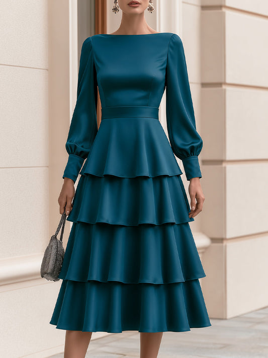 Boat‑Neck Balloon‑Sleeve Tiered Midi Flare Dress