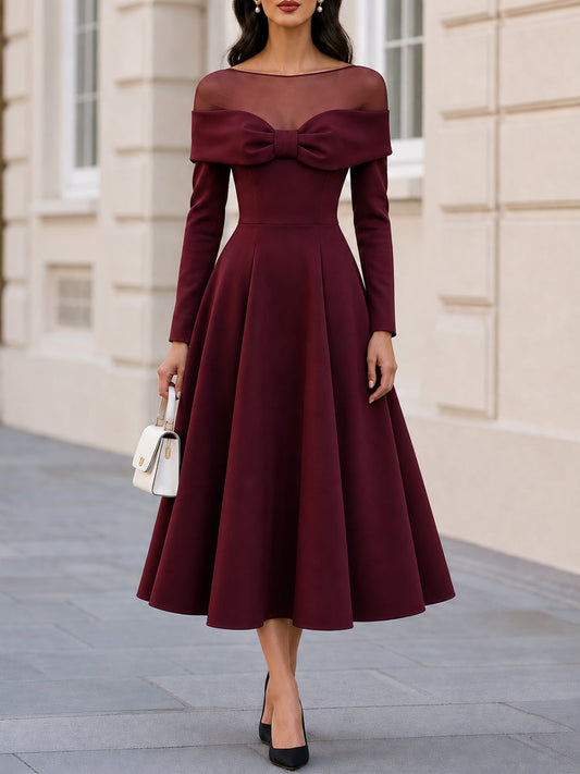 Illusion Mesh Off‑the‑Shoulder Bow Midi Flare Dress