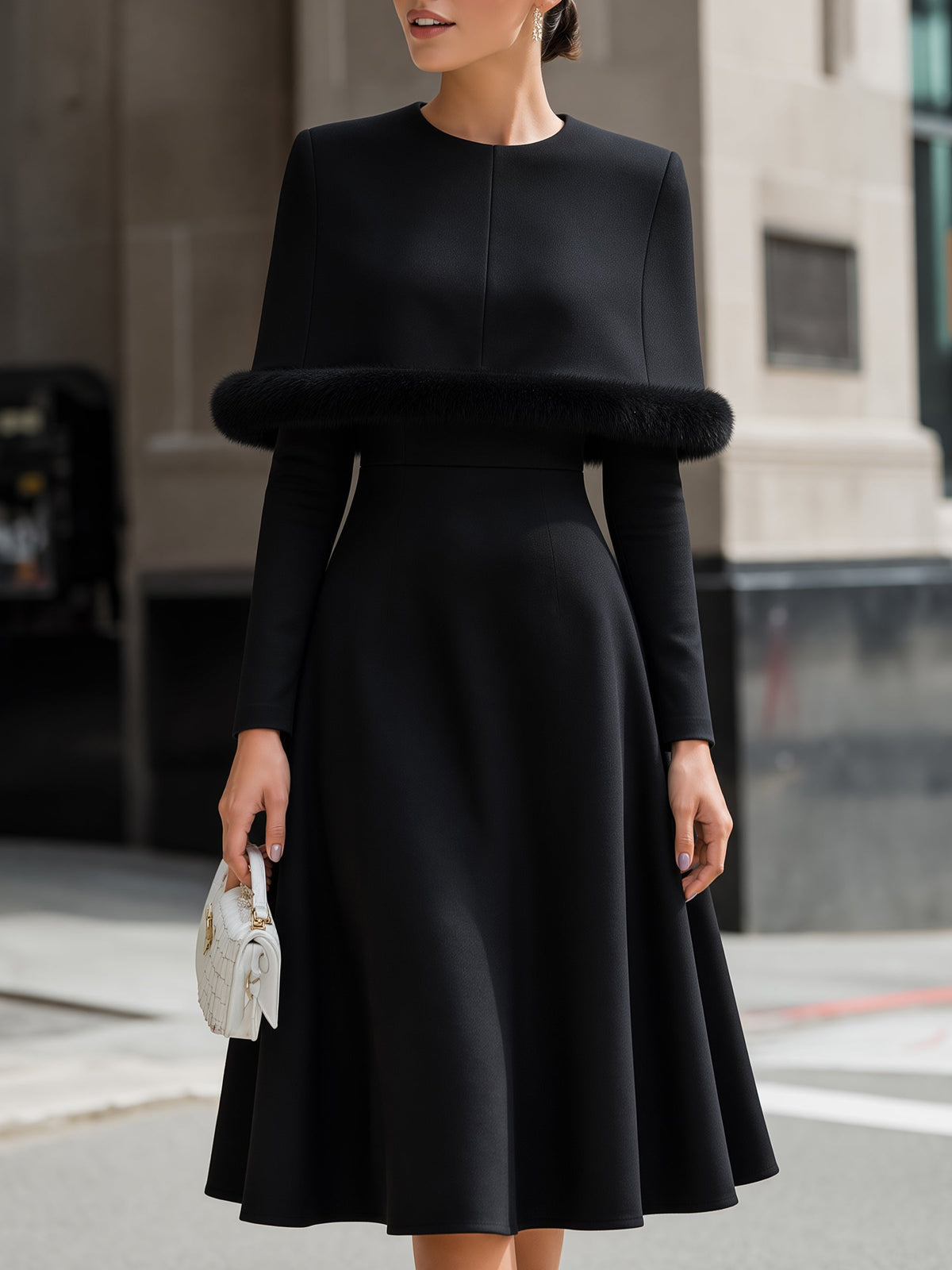 Elegant Faux Fur Trim Long Sleeve A-Line Midi Dress