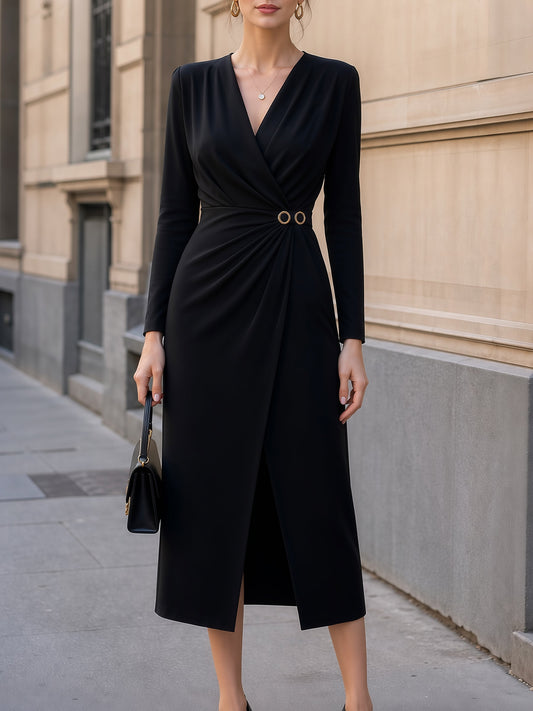 V-Neck Ring-Accented Wrap Midi Dress