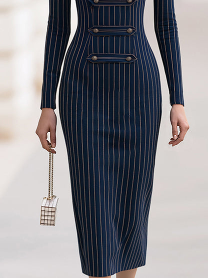 Pinstriped Midi Dress With Napoleonic Military Details