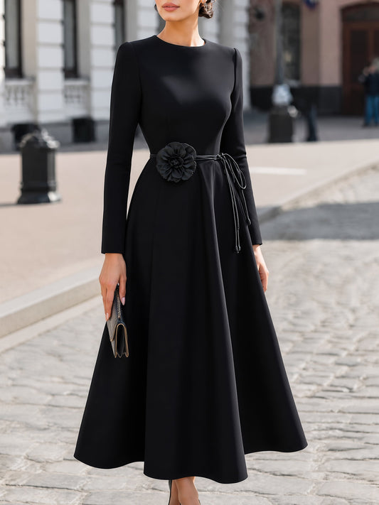 Leather Flower-Belt A-Line Maxi Dress