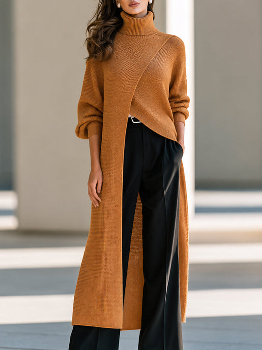 Asymmetrical Layered High-Neck Long Knit Top