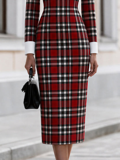Contrast White‑Collar Tartan Plaid Long‑Sleeve Midi Pencil Dress