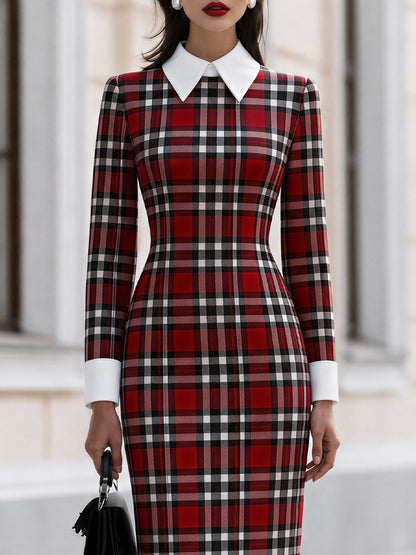 Contrast White‑Collar Tartan Plaid Long‑Sleeve Midi Pencil Dress